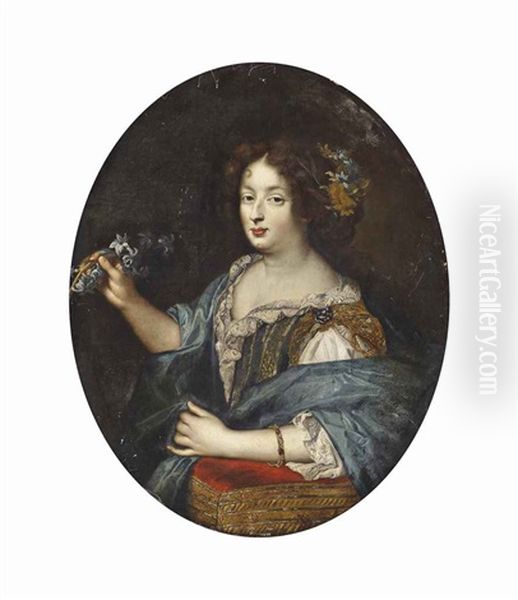 Portrait Of A Lady, Half-length, In A Lace-trimmed Green And Gold Dress And A Blue Wrap, Her Left Arm Resting On A Red Cushion And Blue Flowers In Her Right Hand Oil Painting by Pierre Mignard