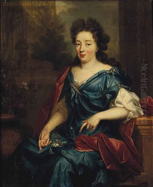 Portrait Of A Lady, Possibly Hortense Mancini, Duchess Of Mazarin (1640-1699), Three-quarter-length, Seated, In A Blue Silk Dress And Red Wrap... Oil Painting by Pierre Mignard