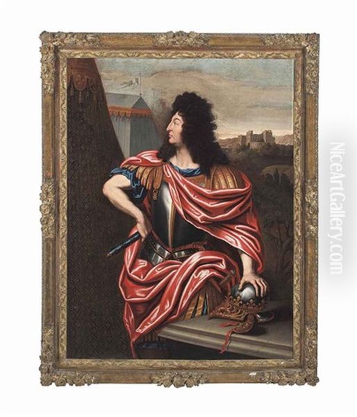 Portrait Of Louis Xiv (1638-1715), Three-quarter-length, As A Roman Emperor, Beside An Encampment, A Fortified Town Beyond Oil Painting by Pierre Mignard