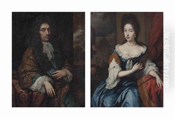 Portrait Of A Gentleman, Three-quarter-length, In A Gold-embroidered Coat...; Prtrait Of A Lady, Three-quarter Length... (pair) Oil Painting by Pierre Mignard