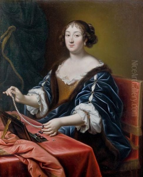 Jeune Femme Se Parant D'un Collier De Perles Oil Painting by Pierre Mignard