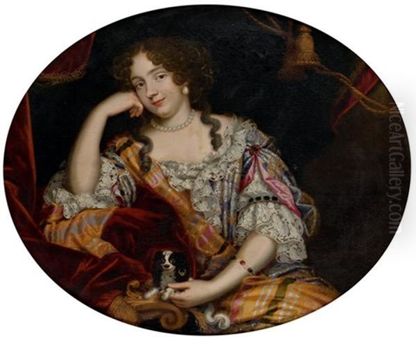 Portrait De Jeune Femme Avec Son Chien Et Portrait De Gentilhomme A La Veste De Brocard (pair) Oil Painting by Pierre Mignard