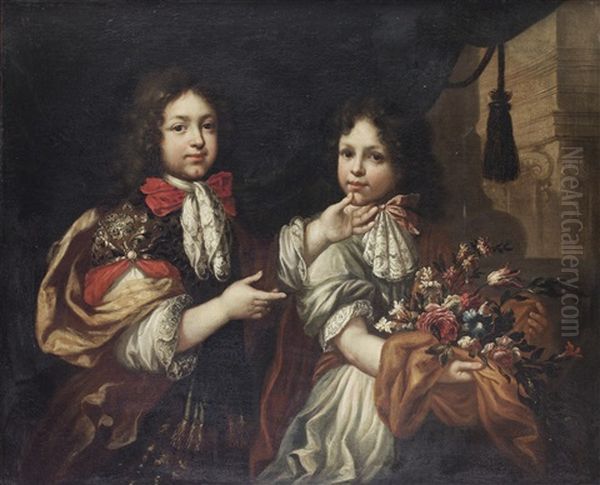 Portrait Of Two Boys, One Holding A Bouquet Of Flowers Oil Painting by Pierre Mignard