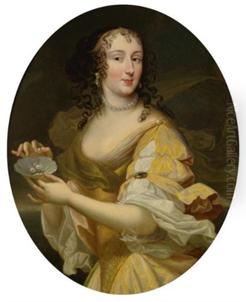 Portrait Of A Lady In Allegorical Guise, Holding A Dish Of Pearls Oil Painting by Pierre Mignard