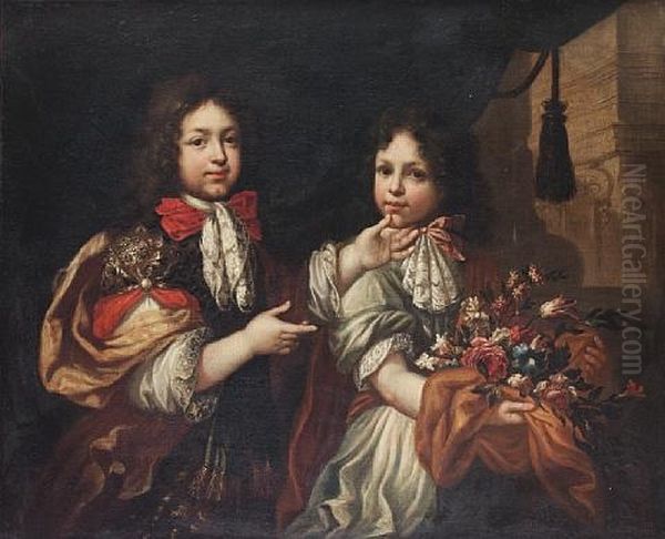 Portrait Of Two Boys One Holding A Bouquet Of Flowers Oil Painting by Pierre Mignard