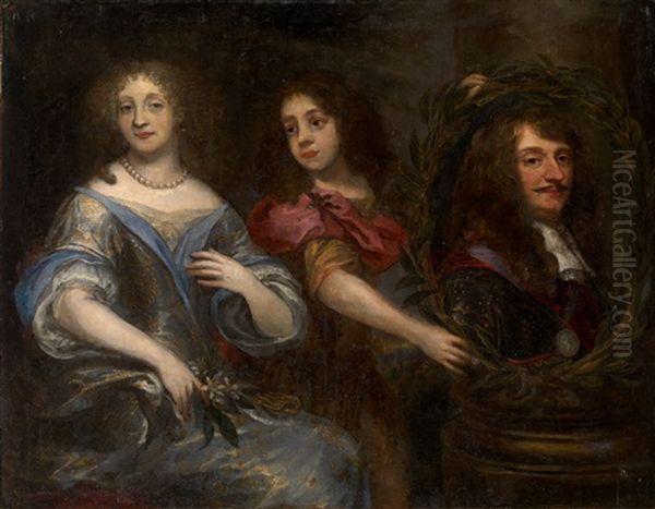 Portrait Of A Noble Lady, A Child At Her Side Holding A Cartouche Of Laurel With A Portrait Of Charles Ii Oil Painting by Pierre Mignard