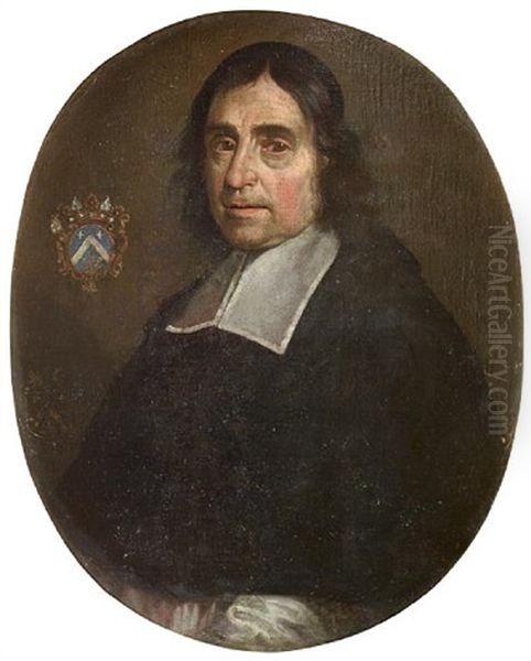 Portrait Of A Gentleman In An Embroidered Waistcoat, A Brown Mantle And A Lace Jabot (+ Portrait Of A Cleric; Pair) Oil Painting by Pierre Mignard