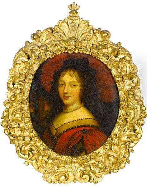 Portrait Of A Lady In A Red Dress And A Pearl Necklace, Before An Open Landscape Oil Painting by Pierre Mignard