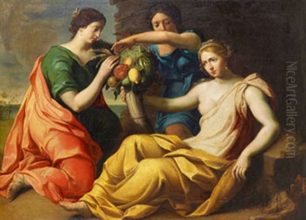 Tre Kvinnor Med Ymnighetshorn - Allegori Over Overflod Oil Painting by Pierre Mignard