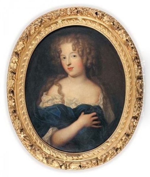 Portrait De Femme En Buste, Aux Yeux Bleus, Corsage Brodee, La Main Droite Sur Son Drape Bleu Oil Painting by Pierre Mignard