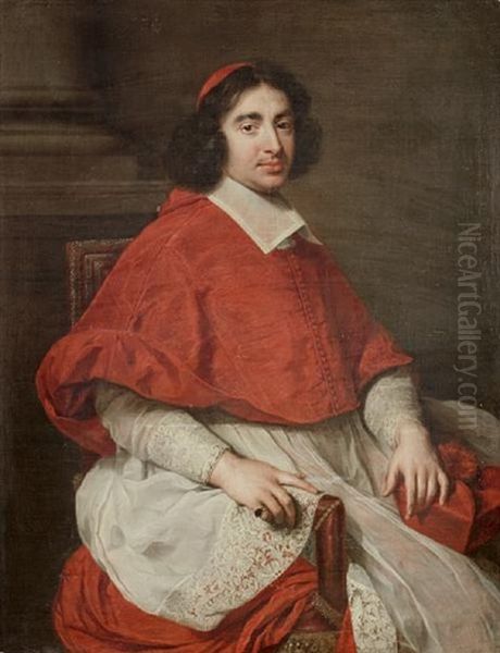 Portrait (jean-francois-paul De Gondi, Cardinal De Retz?) In Cardinal's Robes, Seated Beside A Column In An Interior Oil Painting by Pierre Mignard