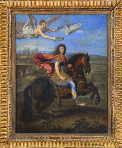 Portrait Equestre De Louis Xiv Couronne Par La Renommee Oil Painting by Pierre Mignard
