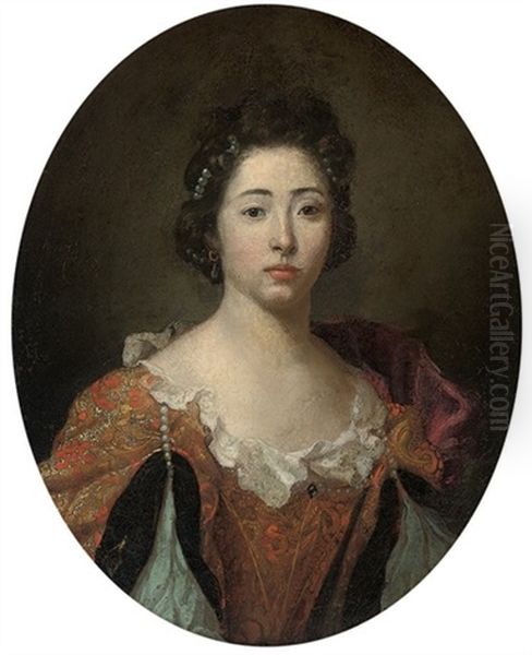 Portrait Of A Lady In A Gold Embroidered Dress With Lace Trim Oil Painting by Pierre Mignard