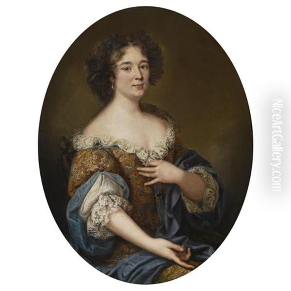 Portrait Of A Lady, Possibly Maria Mancini, Wearing A Richly Embroidered Dress And A Blue Shawl Oil Painting by Pierre Mignard