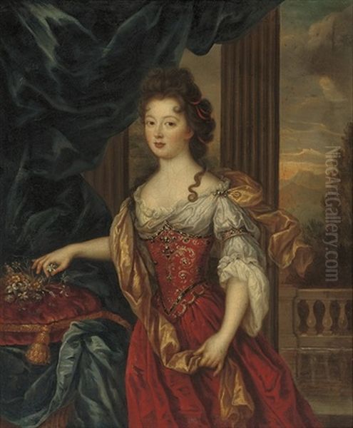 Portrait Of Marie-therese De Bourbon, Princesse De Conti (1666-1732), Three-quarter-length, In A Red And Gold Embroidered Dress, Flowers On A Red Velvet Cushion To Her Right, A Landscap Oil Painting by Pierre Mignard