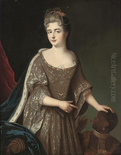 Portrait Of A Lady Traditionally Identified As Princess Marie-adelaide Of Savoy (1685-1712), Later Dauphine Of France, Three-quarter-length, In A Silver Embroidered Dress, Attended By A Oil Painting by Pierre Mignard
