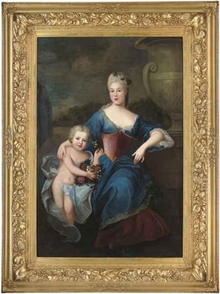 Portrait Of A Lady (madame De La Force?) Dressed As Flora, With A Child As A Putto Oil Painting by Pierre Mignard