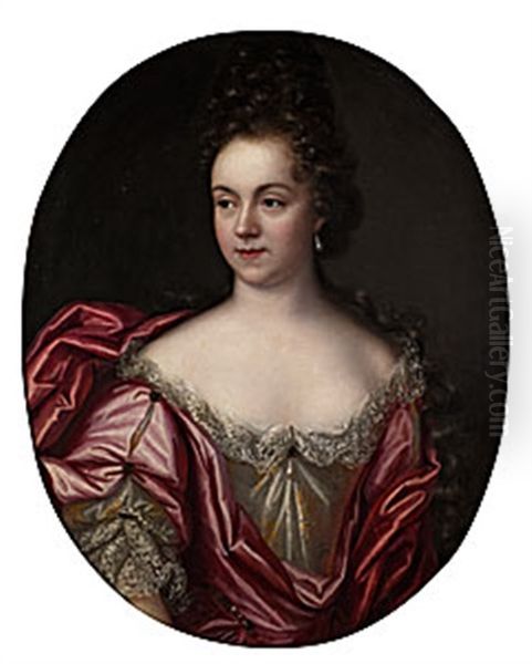 Portratt Av Ung Dam Med Rosarod Sjal Oil Painting by Pierre Mignard