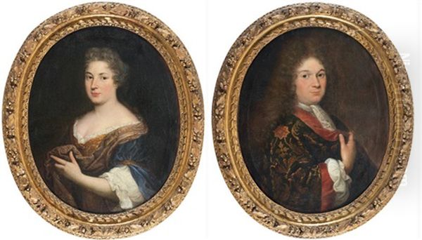 Portrait De Gentilhomme En Robe D'interieur Brodee (+ Portrait De Dame De Qualite; 2 Works) Oil Painting by Pierre Mignard