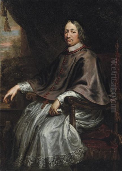 Portrait Of A Cleric, A Landscape Beyond (jean-frangois-paul De Gondi?) Oil Painting by Pierre Mignard