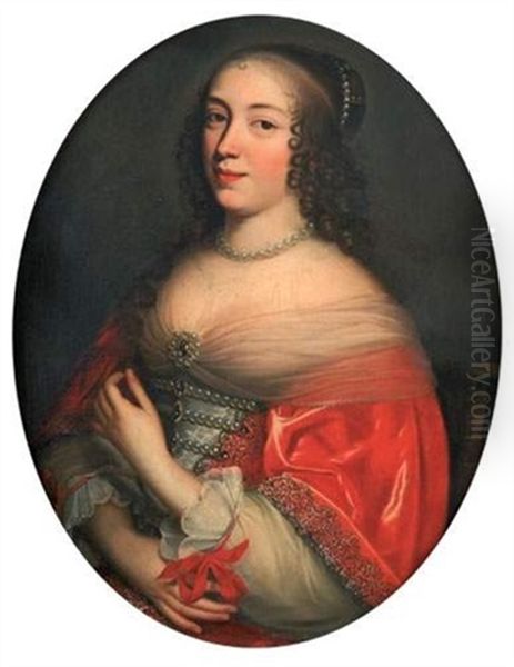 Portrait D'une Femme De Qualite, A Mi-corps, Vetue D'une Capeline Rouge A Broderie D'argent, Avec Un Ruban Rouge A La Manche Oil Painting by Pierre Mignard