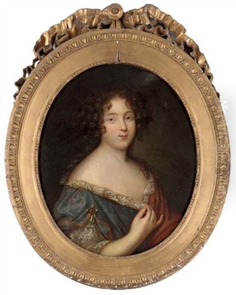 Portrait Of A Lady In A Blue Dress With Lace Trim And A Brown Wrap Oil Painting by Pierre Mignard