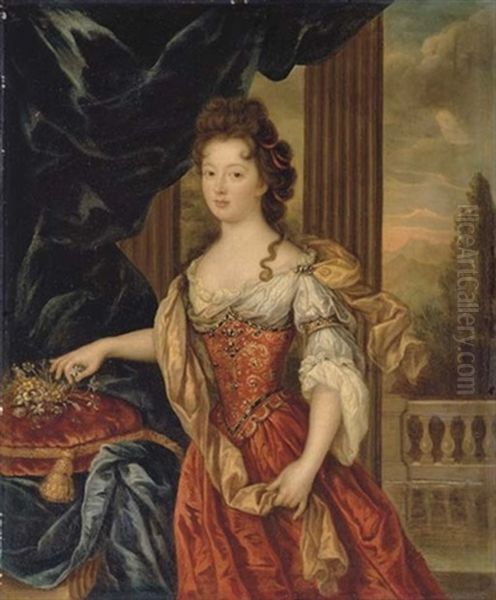 Portrait Of Marie-therese De Bourbon, Princesse De Conti, Wearing A Red And Gold Brocade Dress In An Interior, A Mountainous Landscape Beyond Oil Painting by Pierre Mignard