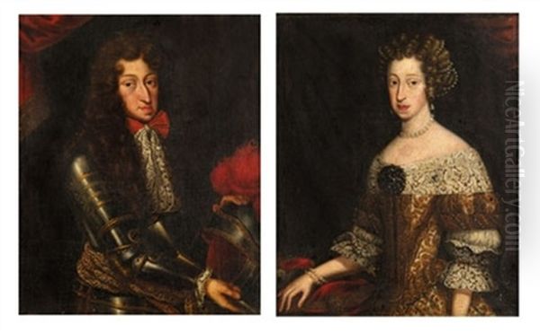 Portrait Of A Gentleman In Armour (+ Portrait Of A Lady In Gold And White Embroidered Dress; Pair) Oil Painting by Pierre Mignard