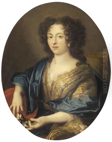 Portrait Of A Lady, Half Length, Wearing A Richly Embroidered Dress And A Blue Shawl And Holding A Flower Oil Painting by Pierre Mignard