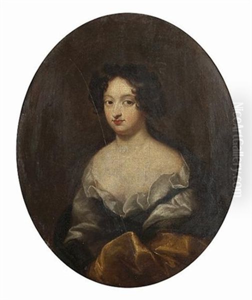 Portrait Of A Lady (lady Chardin?), Half-length, With A Grey Dress And Gold Wrap Oil Painting by Pierre Mignard