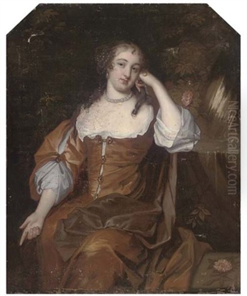 Portrait Of A Lady, Seated, In A Brown Dress And A Purple Wrap Before A Fountain Oil Painting by Pierre Mignard