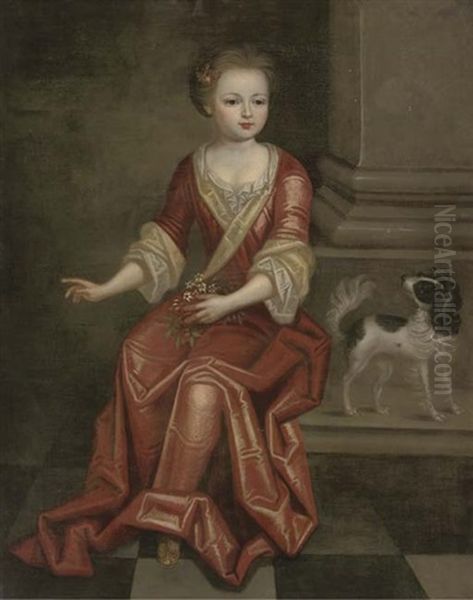 Portrait Of A Young Girl, Seated Full-length, In A Red Dress, By A Column, Holding A Sprig Of Jasmine In Her Left Hand, A Spaniel At Her Side Oil Painting by Pierre Mignard