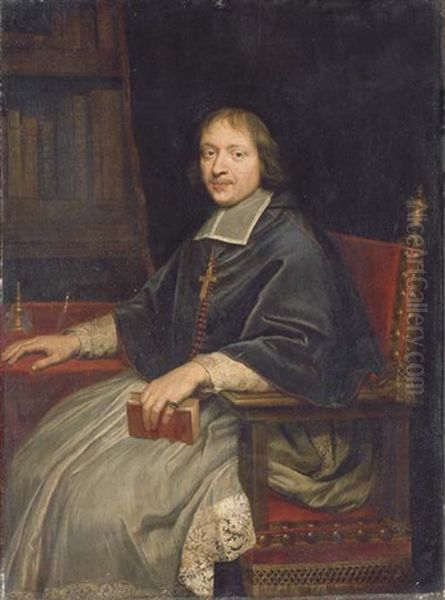 Portrait Of A Cleric, (jean-francois-paul De Gondi, Future Cardinal De Retz?), Seated Three-quarter-length, A Book In His Hand, At A Table Oil Painting by Pierre Mignard