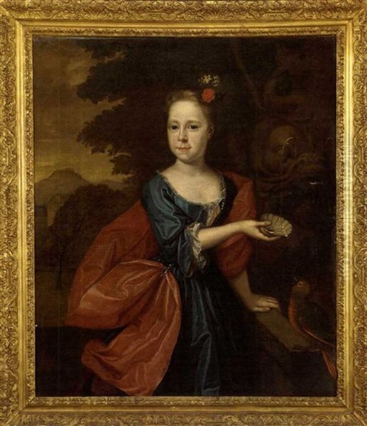 Portrait Of A Lady, In A Blue Dress And A Red Wrap, Holding A Scallop Shell By A Fountain, A Garden Beyond Oil Painting by Pierre Mignard