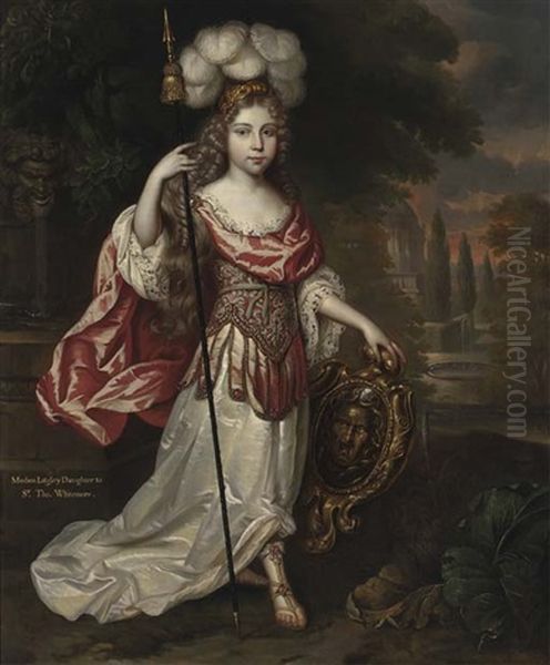 Portrait Of Madame Lagley, Daughter To Sir Thomas Whitemore, In A White And Pink Roman Dress, Holding A Spear And Shield Depicting The Medusa, With Classical Buildings Beyond Oil Painting by Pierre Mignard