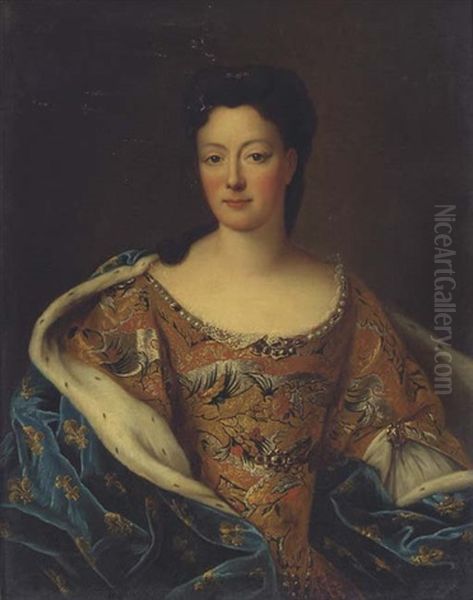 Portrait Of The Duchesse De Guise In An Elaborate Embroidered Dress And Ermine Trimmed Shawl Oil Painting by Pierre Mignard