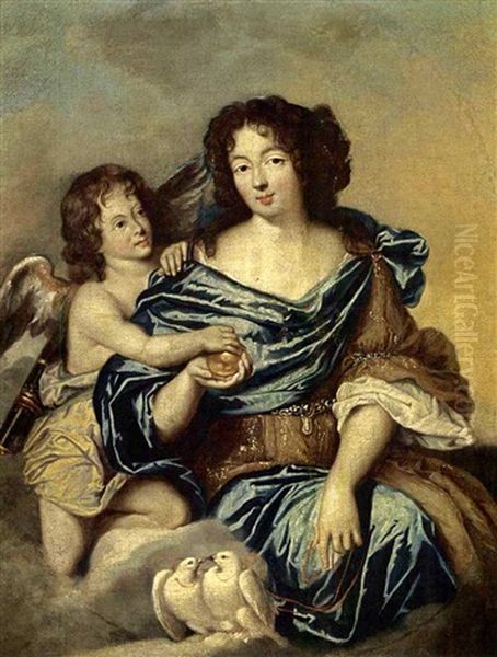A Portrait Of A Lady As Venus, Wearing A Blue Satin Dress With A Gold And White Shawl, Holding Paris's Apple, Together With Cupid And Two Doves In The Foreground Oil Painting by Pierre Mignard