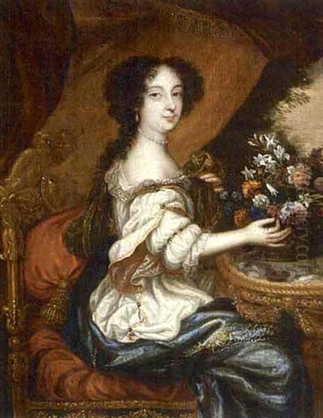 A Portrait Of A Lady, Seated, Wearing A White Dress With A Blue Shawl And Holding A Basket Of Flowers Oil Painting by Pierre Mignard