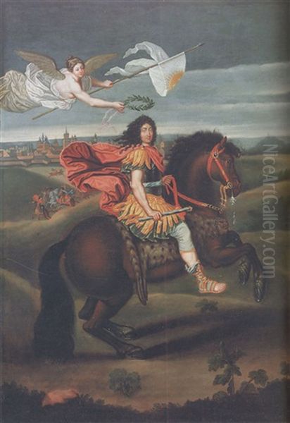 An Equestrian Portrait Of Louis Xiv, Crowned By Victory, Before Maastricht Oil Painting by Pierre Mignard