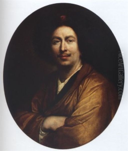 Portrait Of A Gentleman With A Fur-trimmed Hat, A Gold Satin Coat And A White Cravat Oil Painting by Pierre Mignard