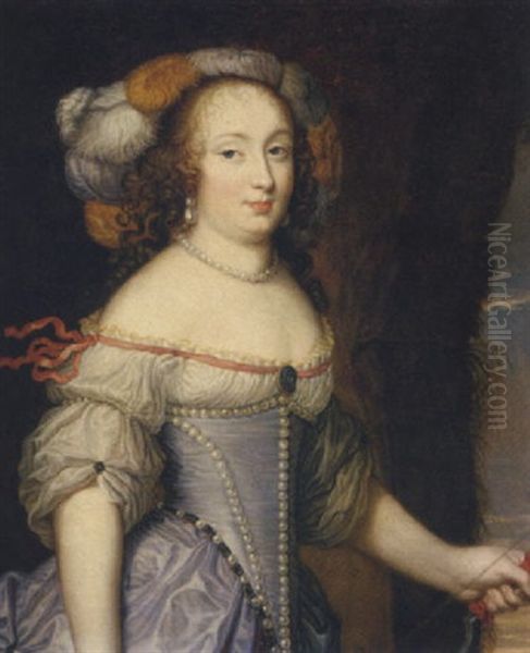 Portrait Of The Francoise Athenais De Rochechouart De Mortemart, As Diana, Wearing A Feathered Head-dress And Holding A Bow In Her Left Hand Oil Painting by Pierre Mignard