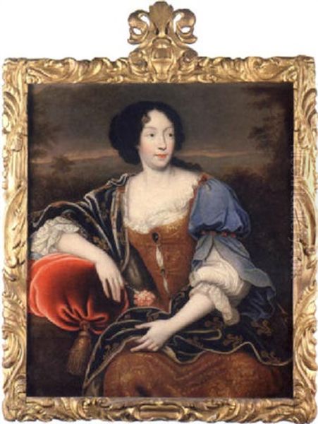 Portrait Of Elisabeth (isabelle) D'orleans, Duchesse De Guise, In A Gold Embroidered Dress, With An Embroidered Blue Wrap Oil Painting by Pierre Mignard