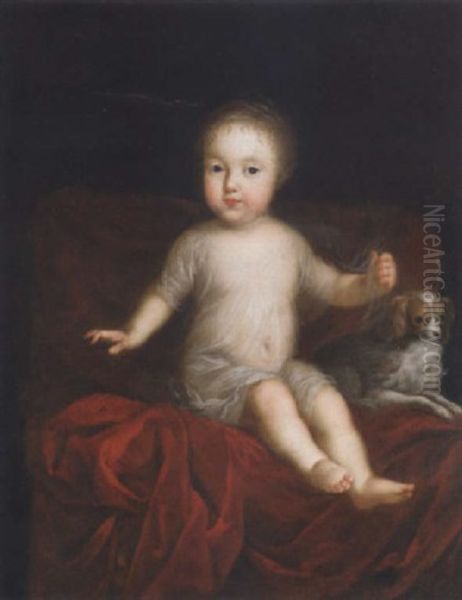 Portrait Of A Child, Sitting On A Red Satin Draped Chair Beside A Spaniel Oil Painting by Pierre Mignard