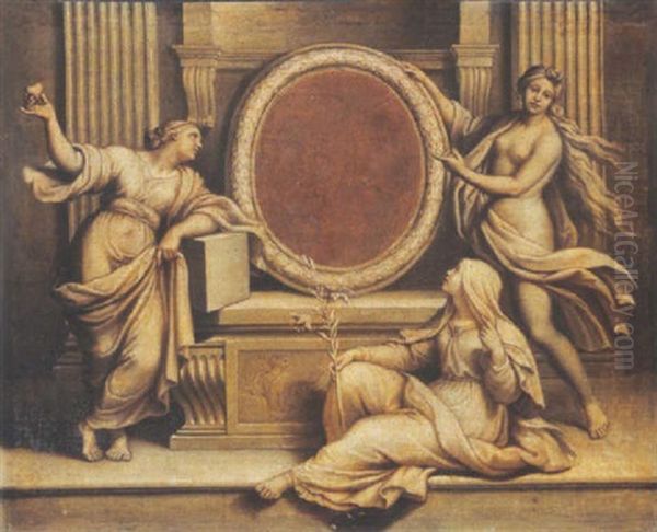 Projet Pour Un Frontispice De These: Les Vertus Du President Lamoignon Oil Painting by Pierre Mignard