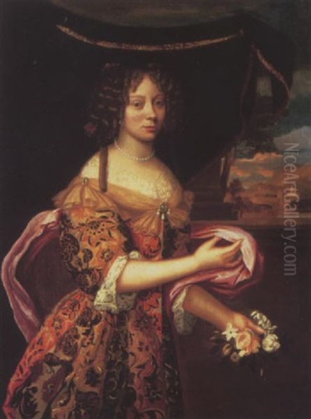 Portrait Of Princess Palatine, Standing Beneath A Canopy As Flora, A Mediterranean Town Beyond Oil Painting by Pierre Mignard