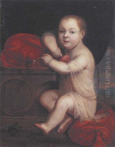 Homo Bulla Est; Portrait Of A Child Blowing A Soap Bubble, A Pink Rose In His Right Hand Oil Painting by Pierre Mignard