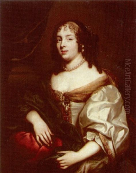 Portrait Of A Lady Wearing Grey Dress, With A Blue Shawl Oil Painting by Pierre Mignard