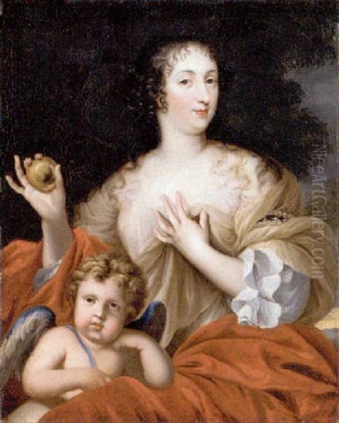 Portrait Of A Lady As Venus Seated In A White Dress With A Red Mantle, Holding A Golden Apple, With Cupid Beside Her Oil Painting by Pierre Mignard