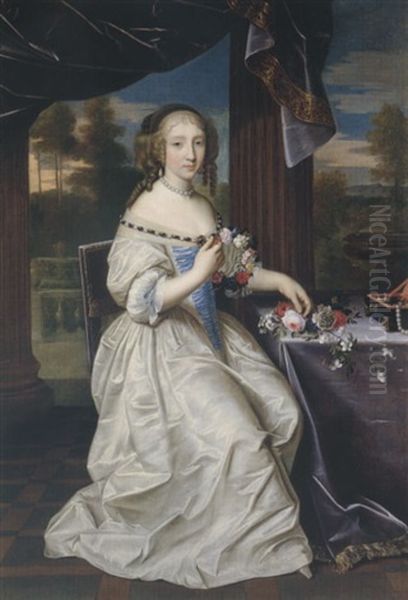 Portrait Of A Young Lady Wearing An Ivory And Blue Dress, Holding A Garland Of Flowers, Set Within A Portico Oil Painting by Pierre Mignard