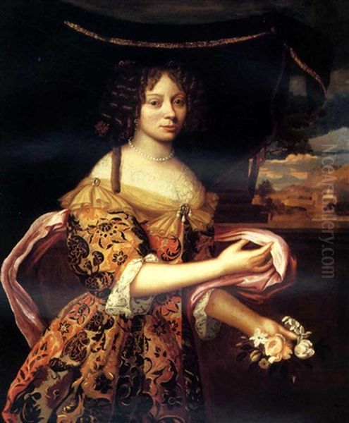 Portrait Of A Lady (anna De Gonzaga, Princess Palatine?) Standing Beneath A Canopy As Flora, A Mediterranean Town Beyond Oil Painting by Pierre Mignard